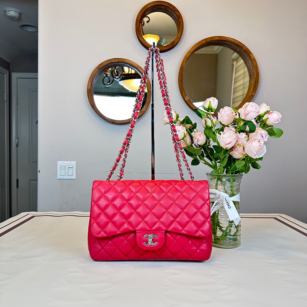 Chanel Red Lambskin Classic Flap Shoulder Bag